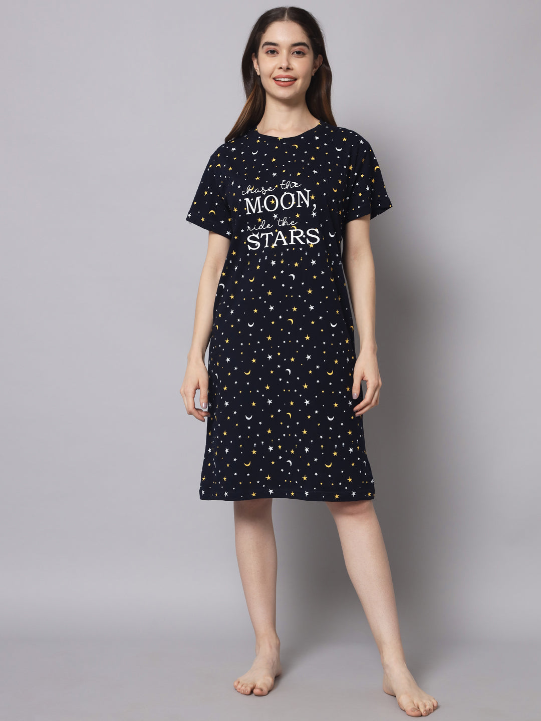 🌙 Women Moon & Stars Printed Nighty – Comfortable Cotton Night Wear