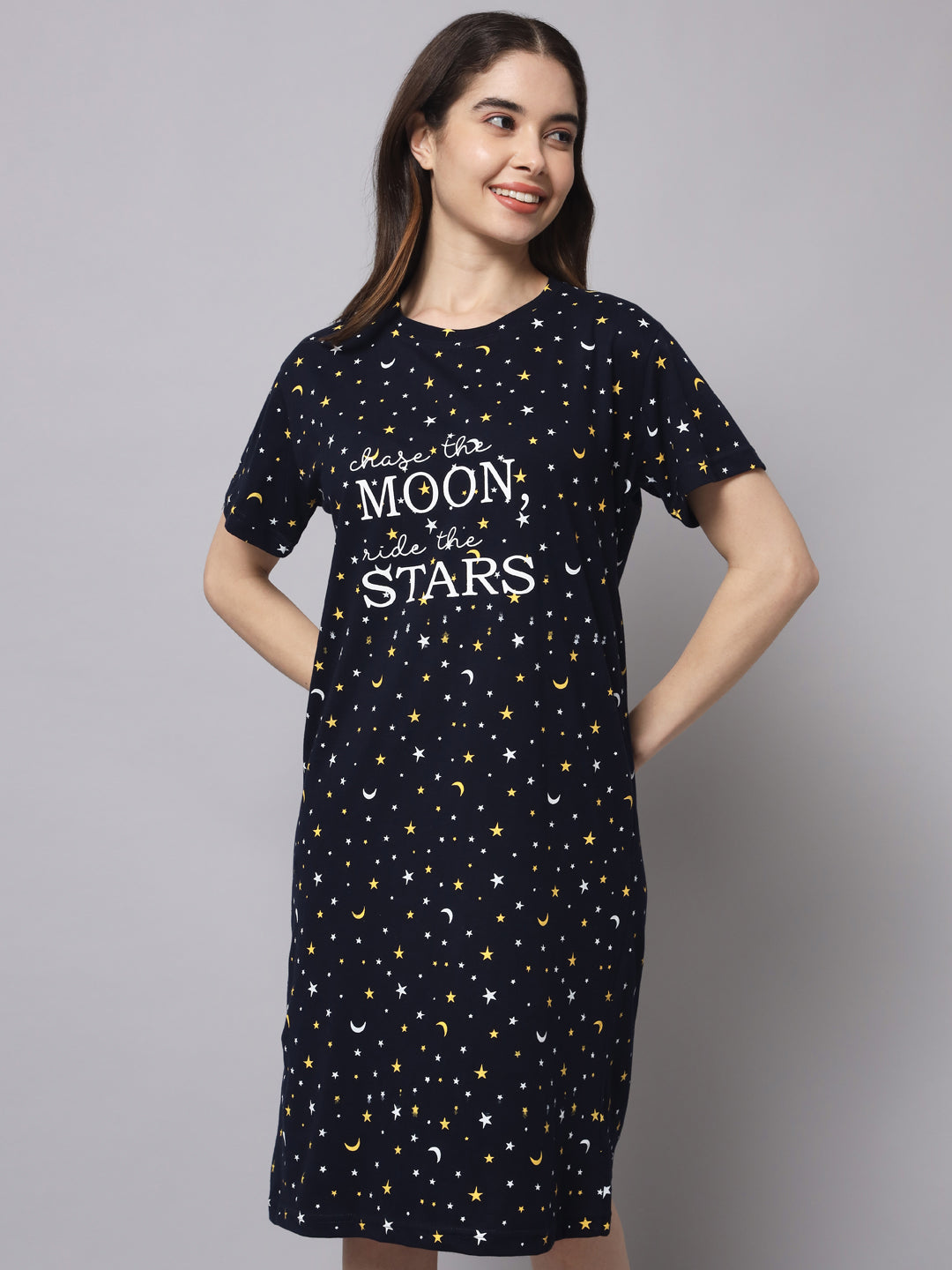 🌙 Women Moon & Stars Printed Nighty – Comfortable Cotton Night Wear