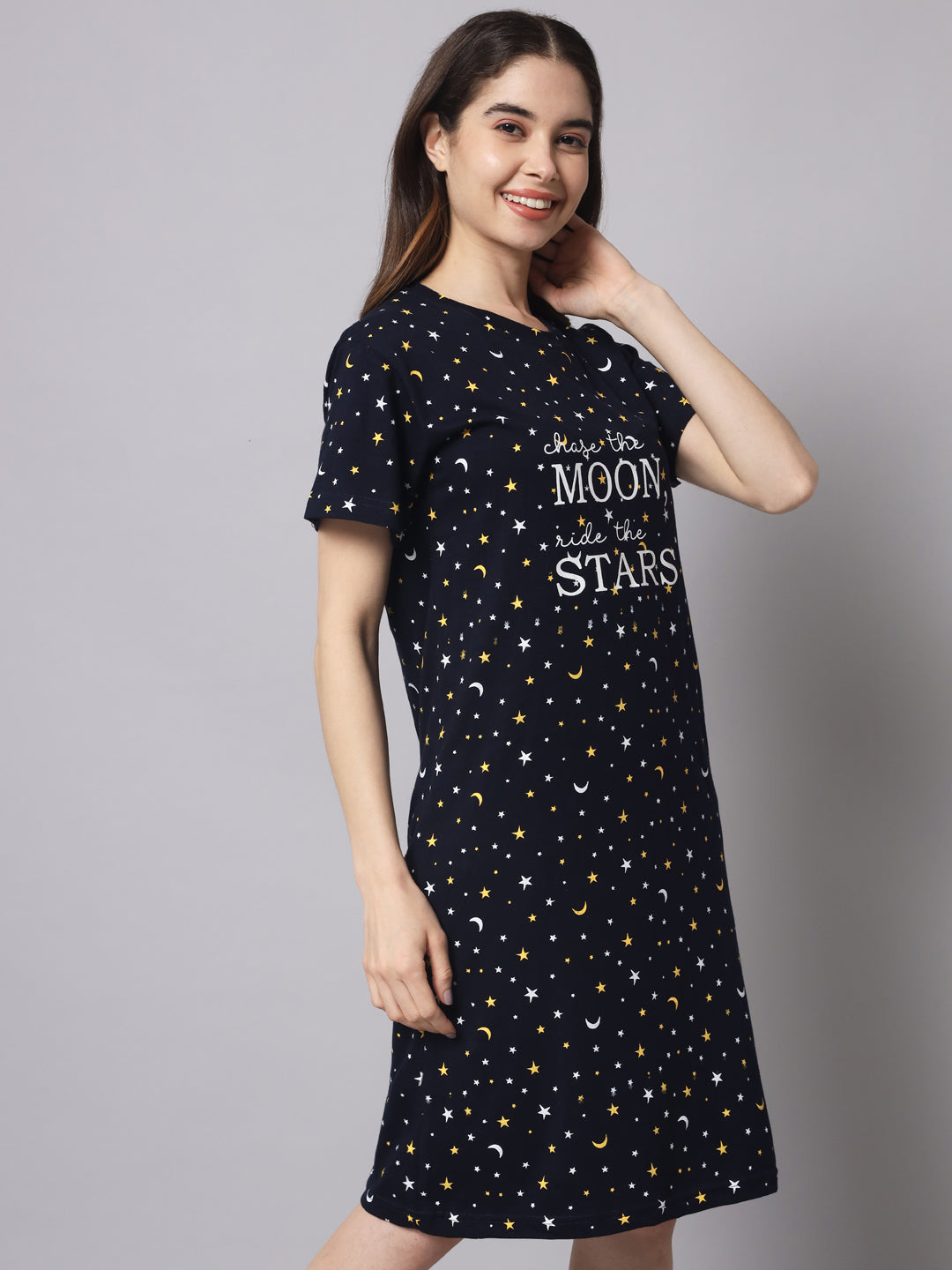 🌙 Women Moon & Stars Printed Nighty – Comfortable Cotton Night Wear