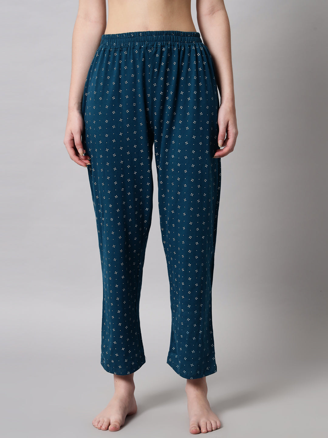 Teal Printed Cotton Night Suit Set – Comfortable Button-Down Top & Pajama Sleepwear