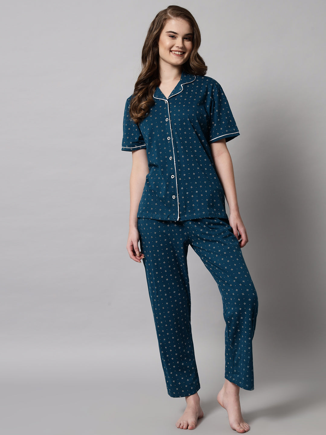 Teal Printed Cotton Night Suit Set – Comfortable Button-Down Top & Pajama Sleepwear