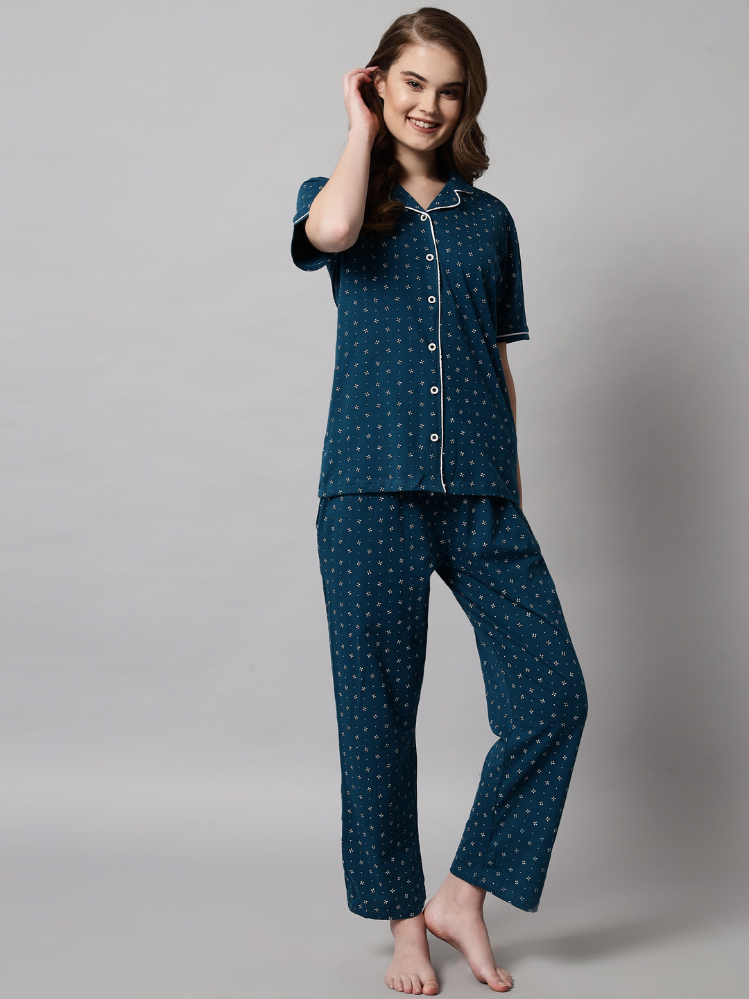 Teal Printed Cotton Night Suit Set – Comfortable Button-Down Top & Pajama Sleepwear