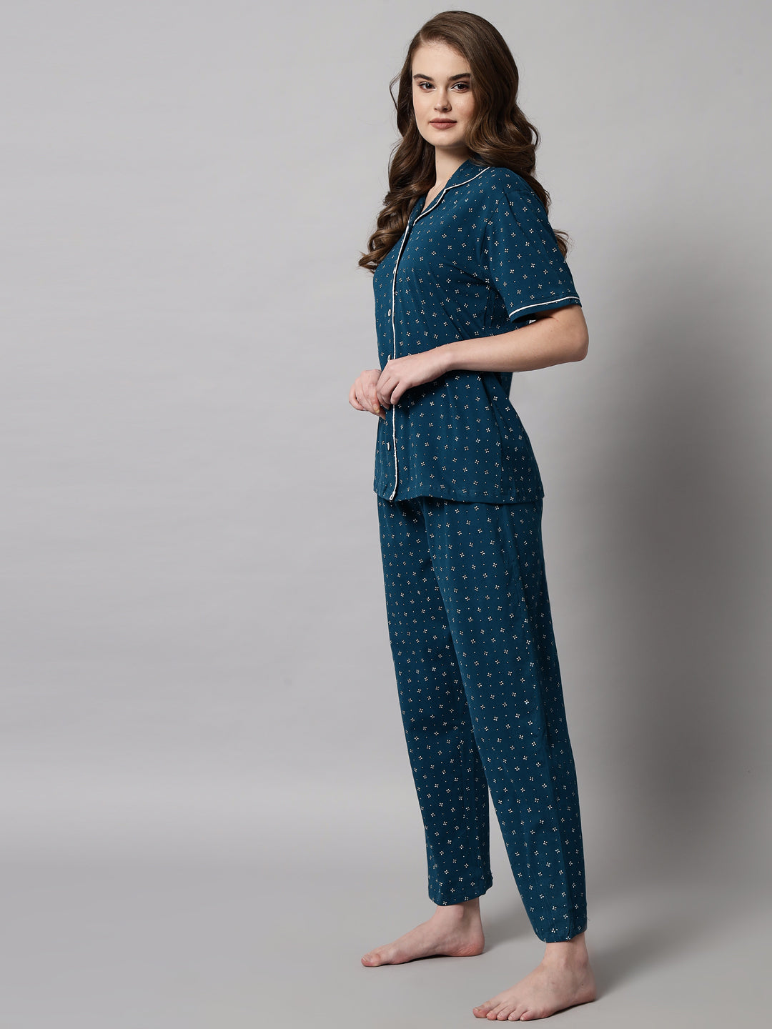 Teal Printed Cotton Night Suit Set – Comfortable Button-Down Top & Pajama Sleepwear