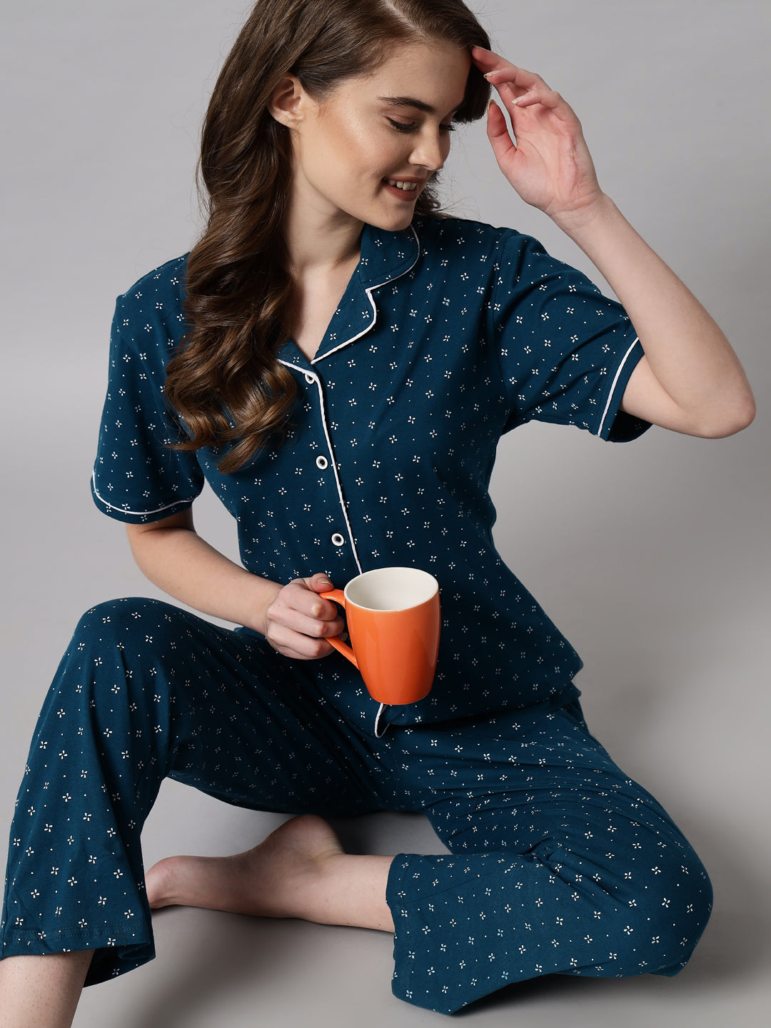 Teal Printed Cotton Night Suit Set – Comfortable Button-Down Top & Pajama Sleepwear