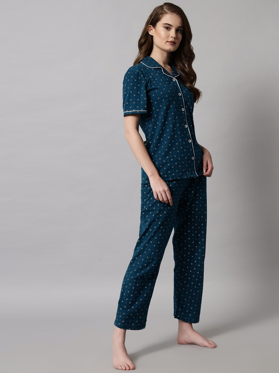 Teal Printed Cotton Night Suit Set – Comfortable Button-Down Top & Pajama Sleepwear