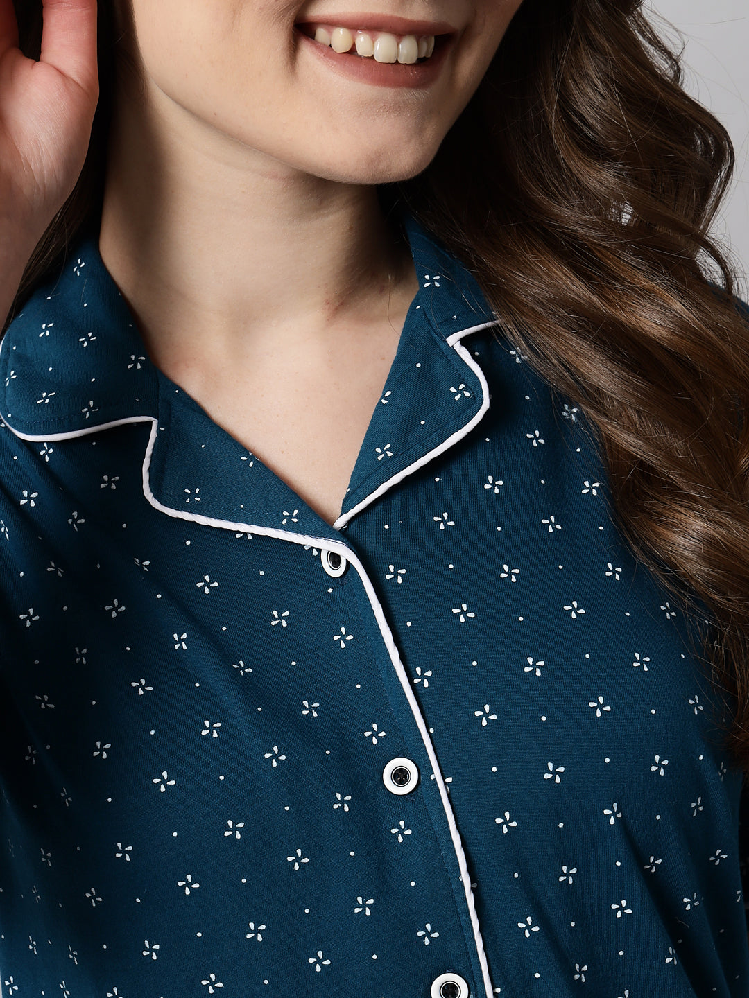 Teal Printed Cotton Night Suit Set – Comfortable Button-Down Top & Pajama Sleepwear