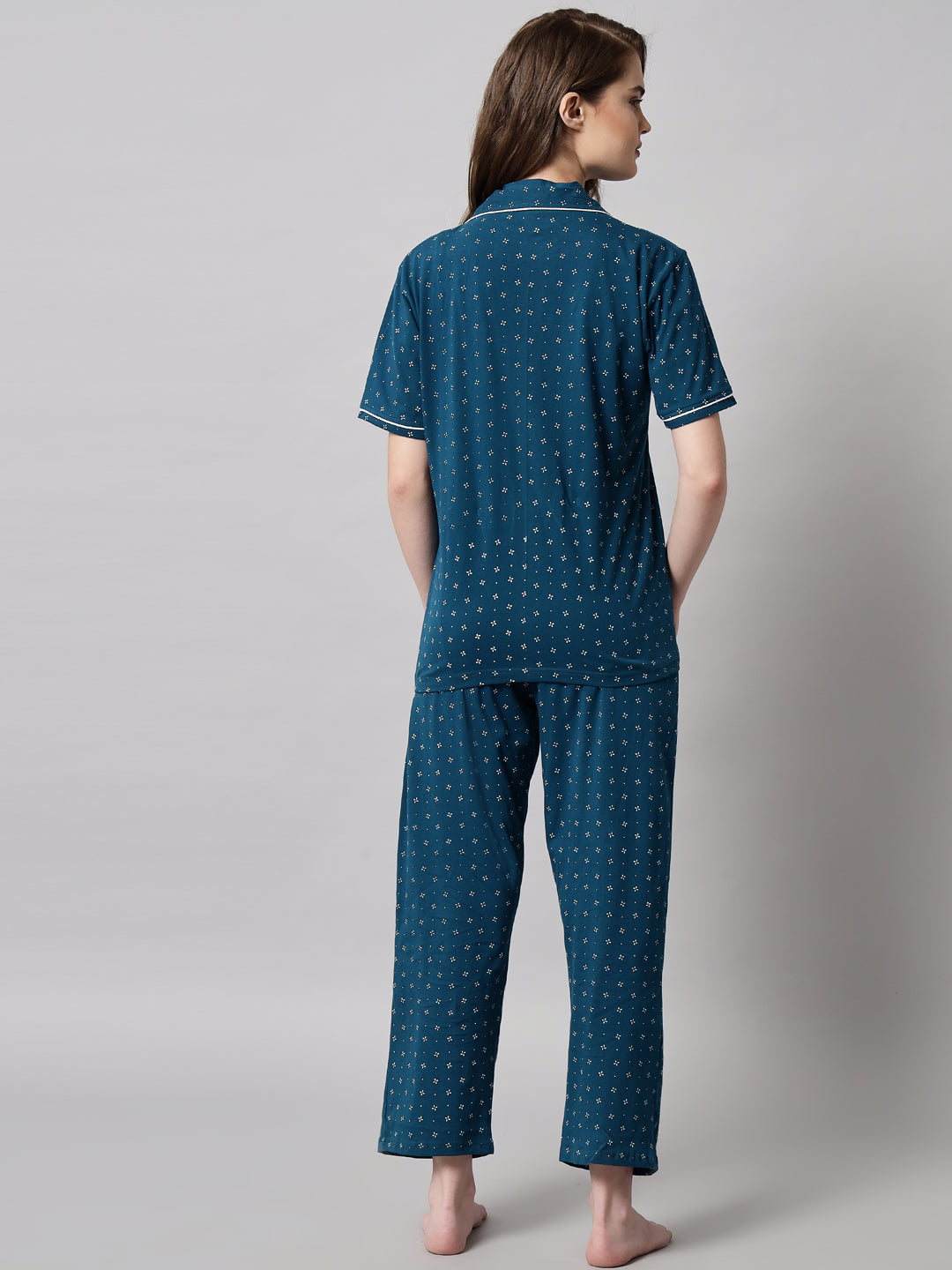 Teal Printed Cotton Night Suit Set – Comfortable Button-Down Top & Pajama Sleepwear