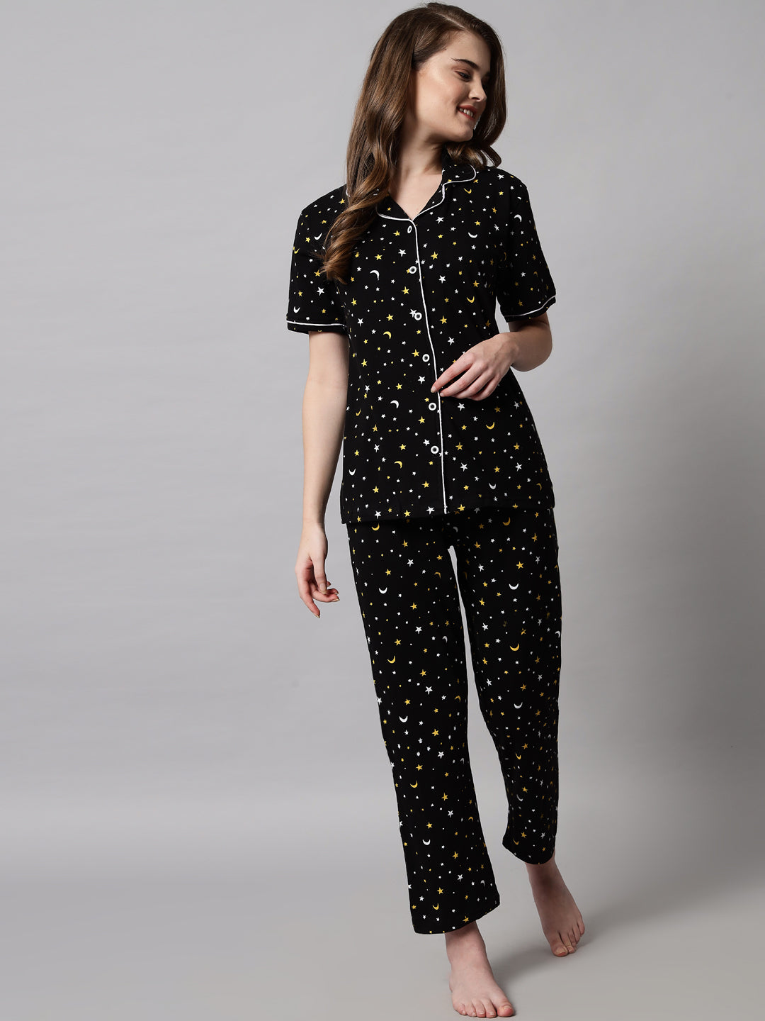 🌸 Printed Cotton Night Suit Set – Comfortable Button-Down Top & Pajama Sleepwear for Women