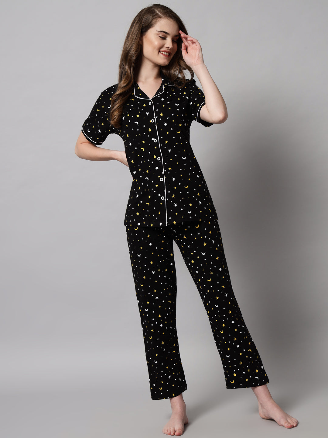 🌸 Printed Cotton Night Suit Set – Comfortable Button-Down Top & Pajama Sleepwear for Women