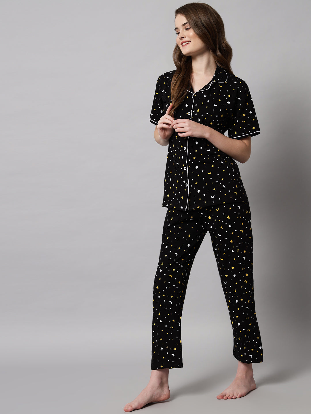 🌸 Printed Cotton Night Suit Set – Comfortable Button-Down Top & Pajama Sleepwear for Women