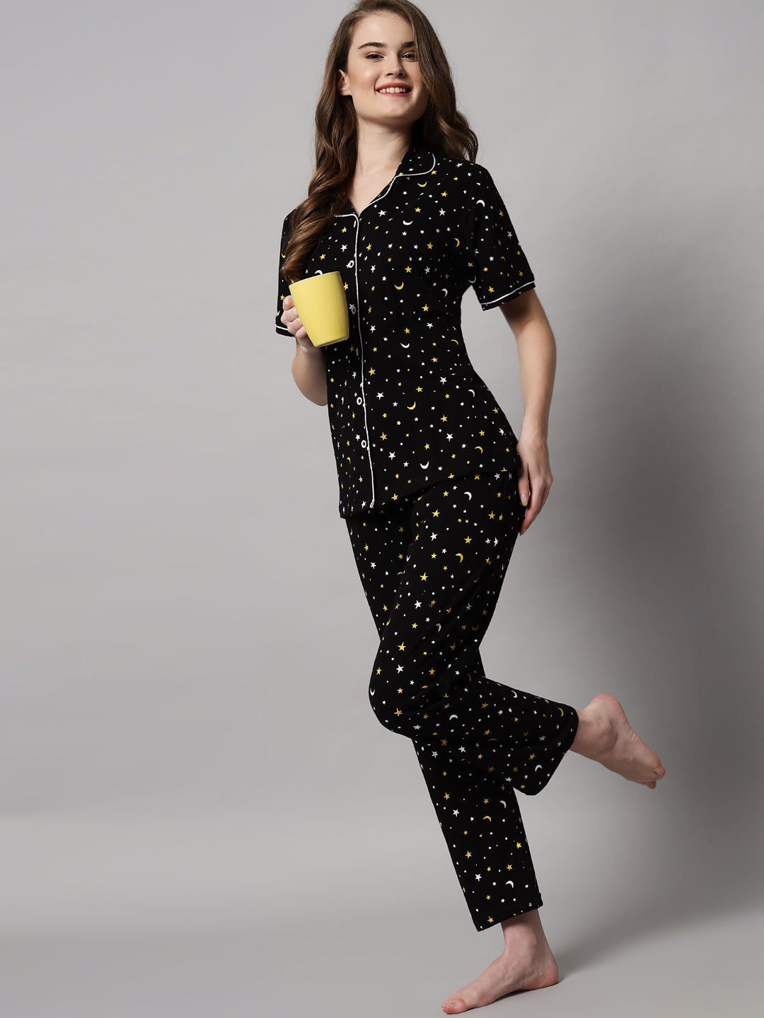 🌸 Printed Cotton Night Suit Set – Comfortable Button-Down Top & Pajama Sleepwear for Women