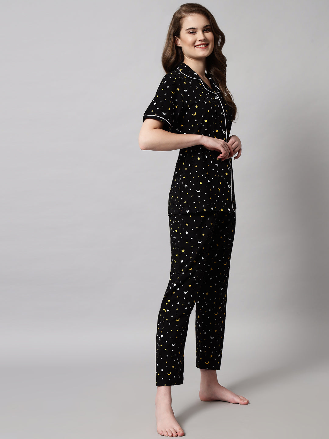 🌸 Printed Cotton Night Suit Set – Comfortable Button-Down Top & Pajama Sleepwear for Women