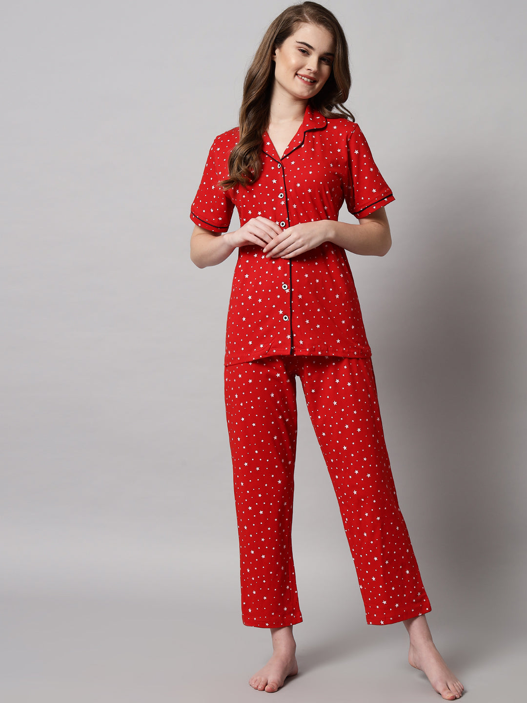 Printed Cotton Night Suit Set – Button-Down Top & Pajama Sleepwear