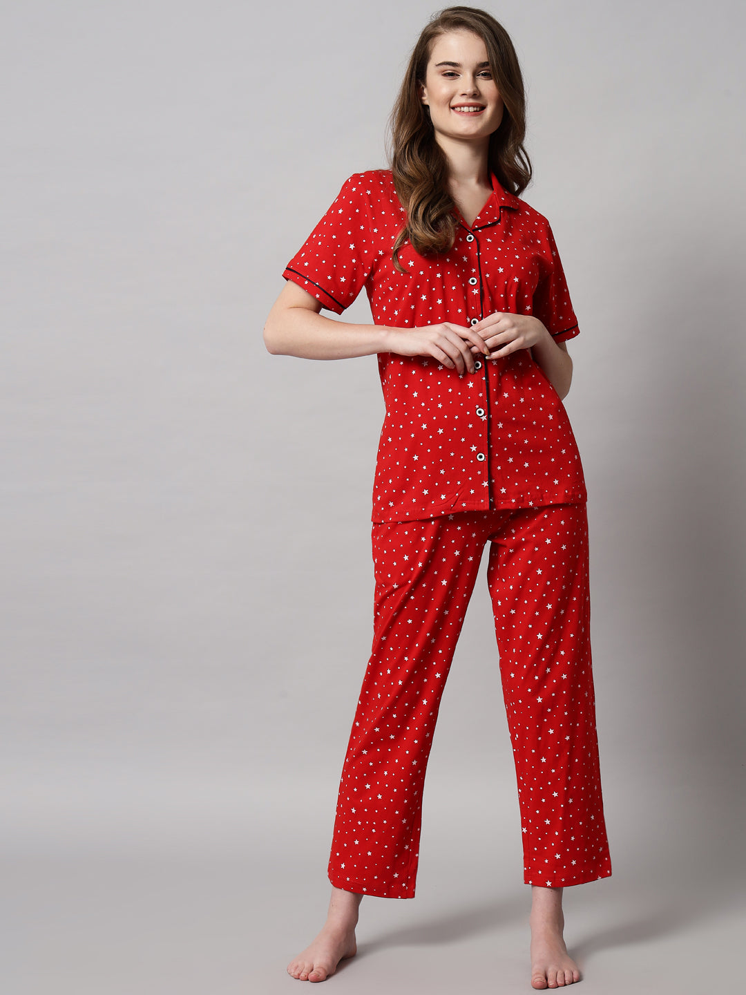 Printed Cotton Night Suit Set – Button-Down Top & Pajama Sleepwear