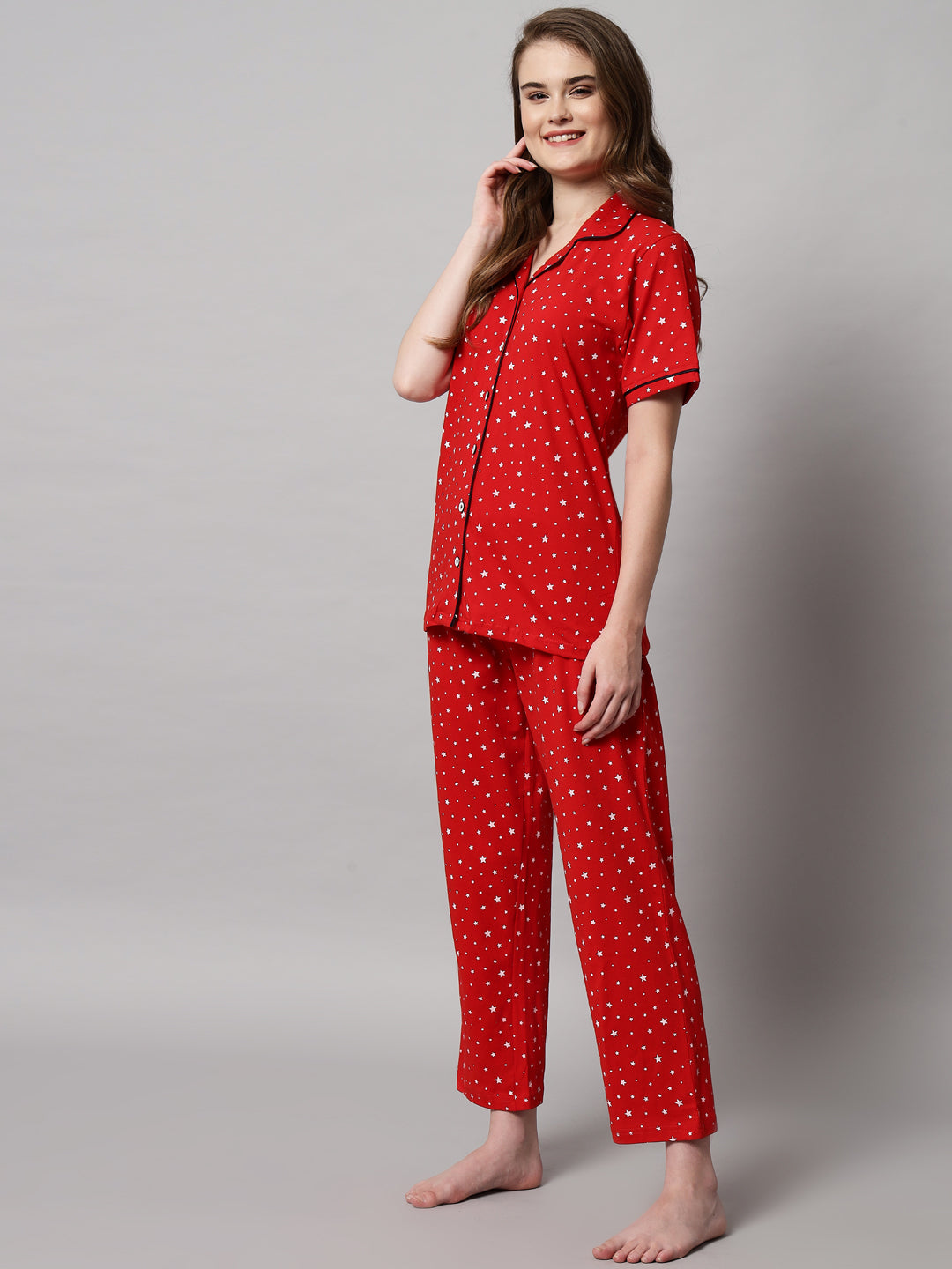 Printed Cotton Night Suit Set – Button-Down Top & Pajama Sleepwear