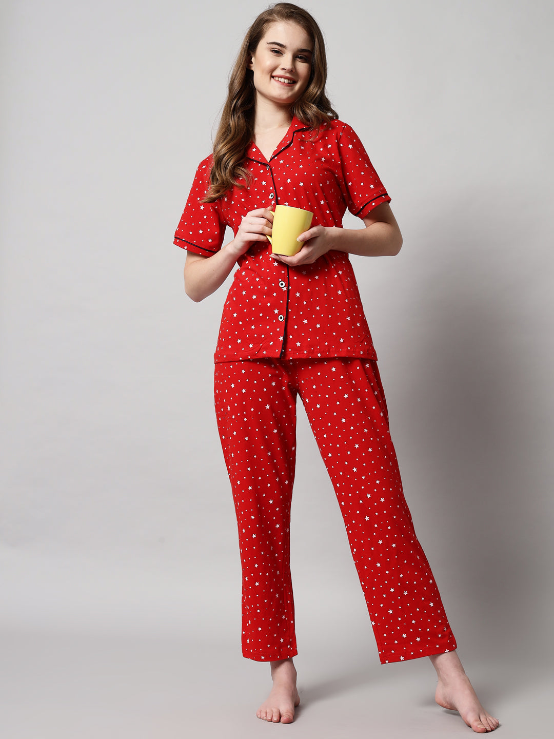 Printed Cotton Night Suit Set – Button-Down Top & Pajama Sleepwear
