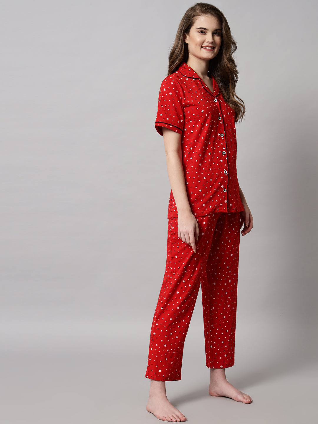 Printed Cotton Night Suit Set – Button-Down Top & Pajama Sleepwear