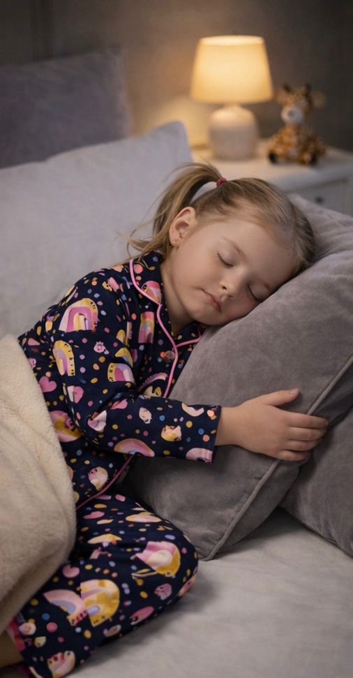 Child in pajamas sleeping on a bed with the most comfortable nightsuit  having sweet dreams