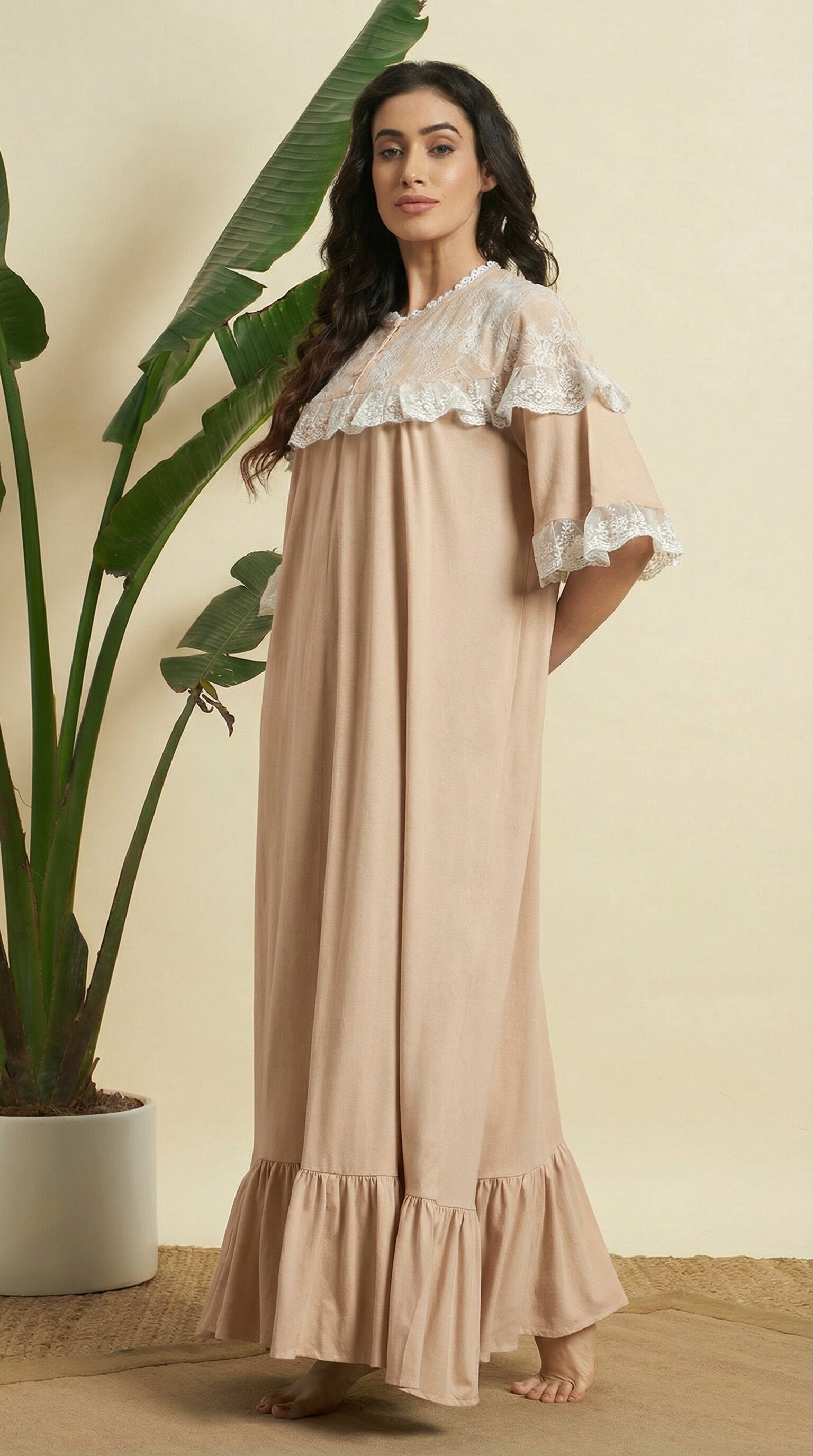 Classic Beige Lace Yoke Cotton Nighty – Elegant Full-Length Comfort Wear