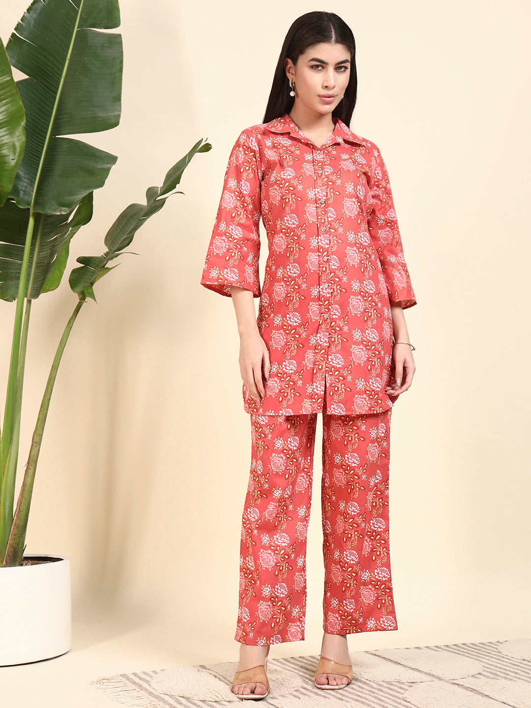 Coral Floral Printed Kurta & Pant Co-Ord Set for Women