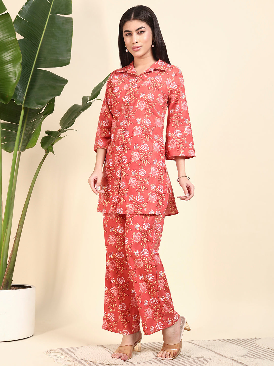 Coral Floral Printed Kurta & Pant Co-Ord Set for Women