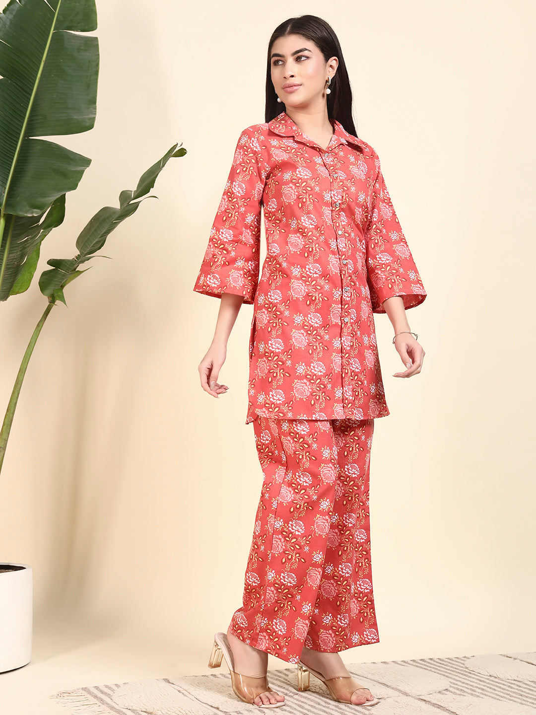 Coral Floral Printed Kurta & Pant Co-Ord Set for Women
