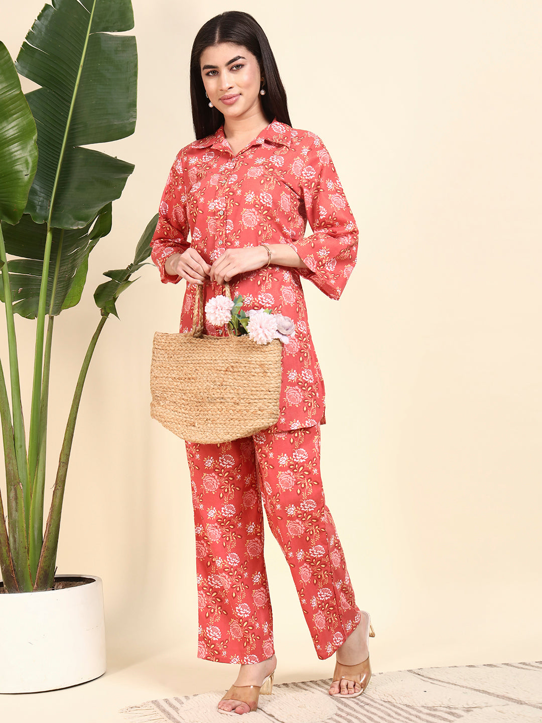 Coral Floral Printed Kurta & Pant Co-Ord Set for Women