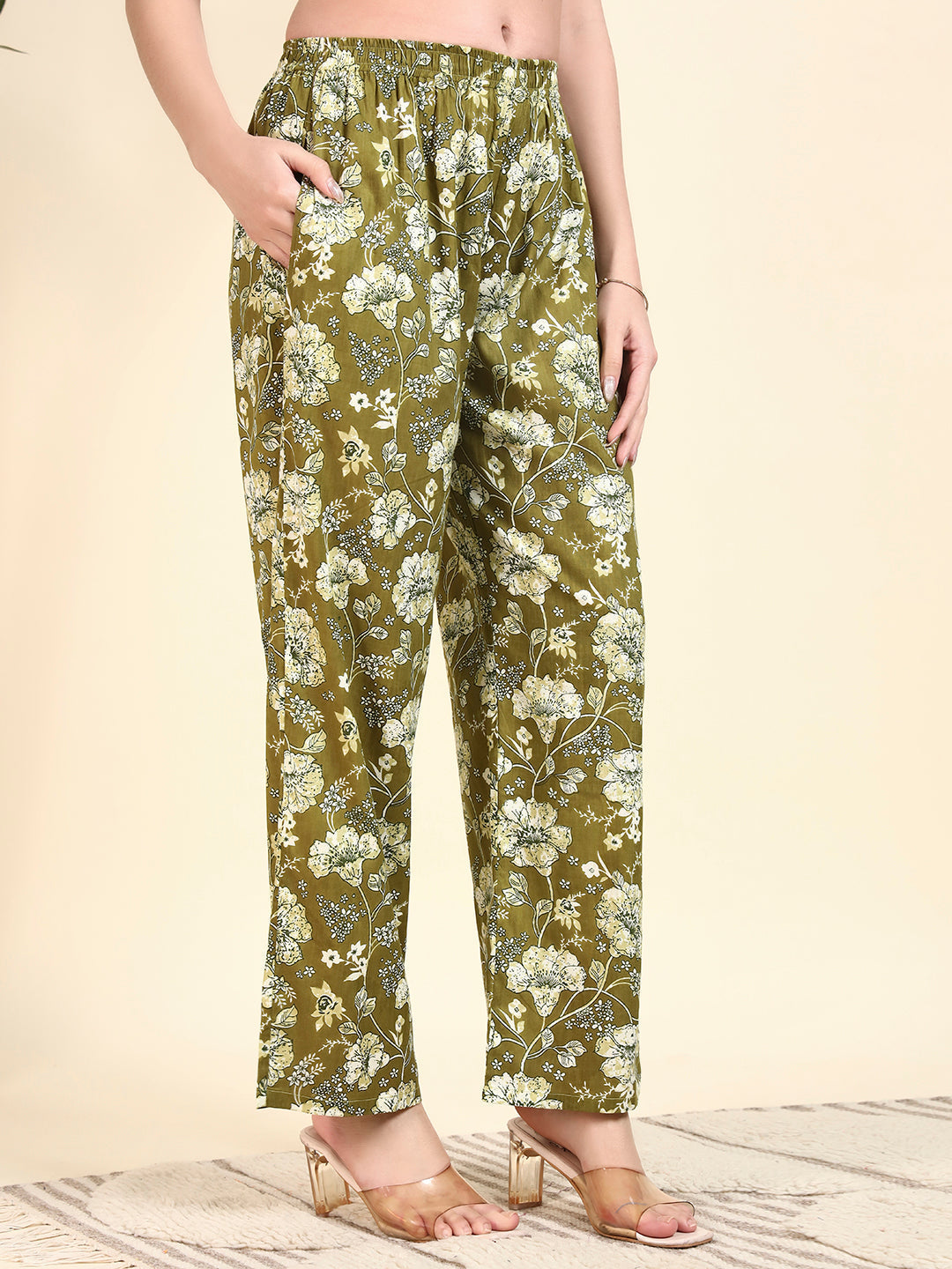 🌿 Women’s Olive Green Floral Printed Kurta & Pant Co-Ord Set