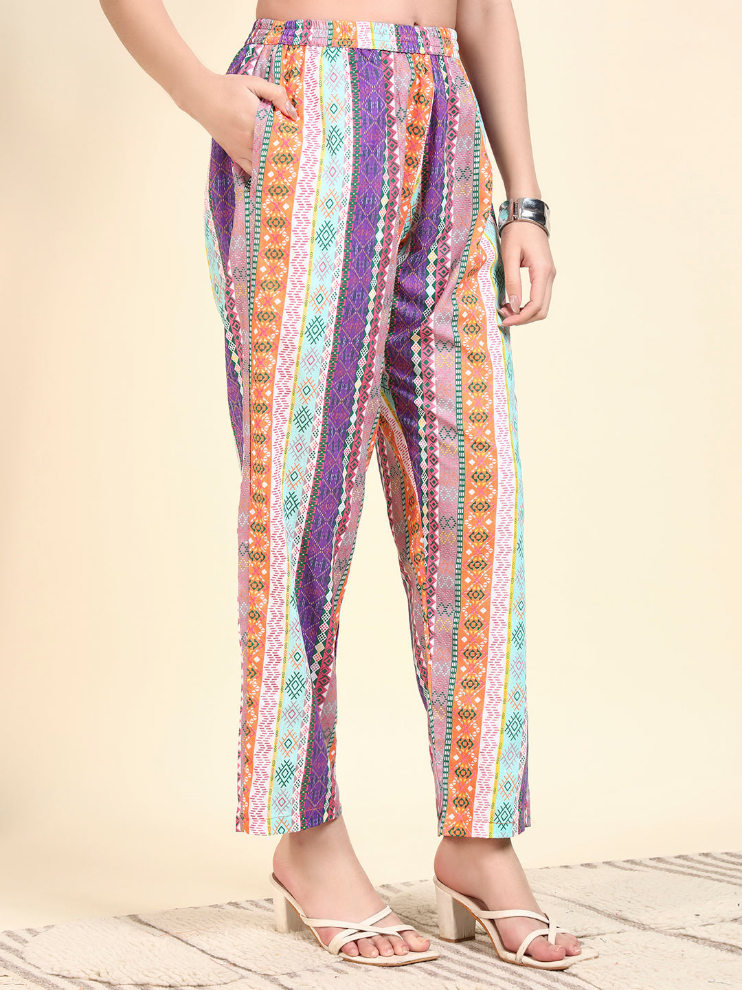 Multicolor Striped Printed Kurta & Pant Co-Ord Set for Women