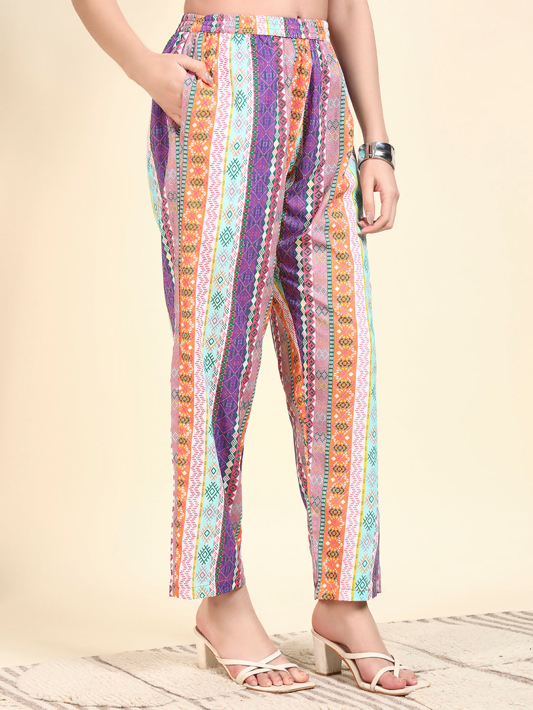Women’s Multicolor Striped Printed Kurta Set with Pants