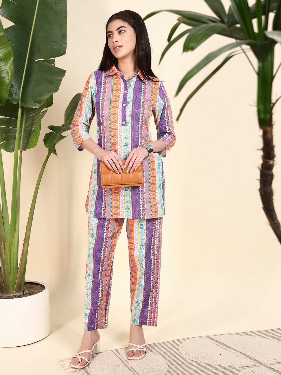 Women’s Multicolor Striped Printed Kurta Set with Pants
