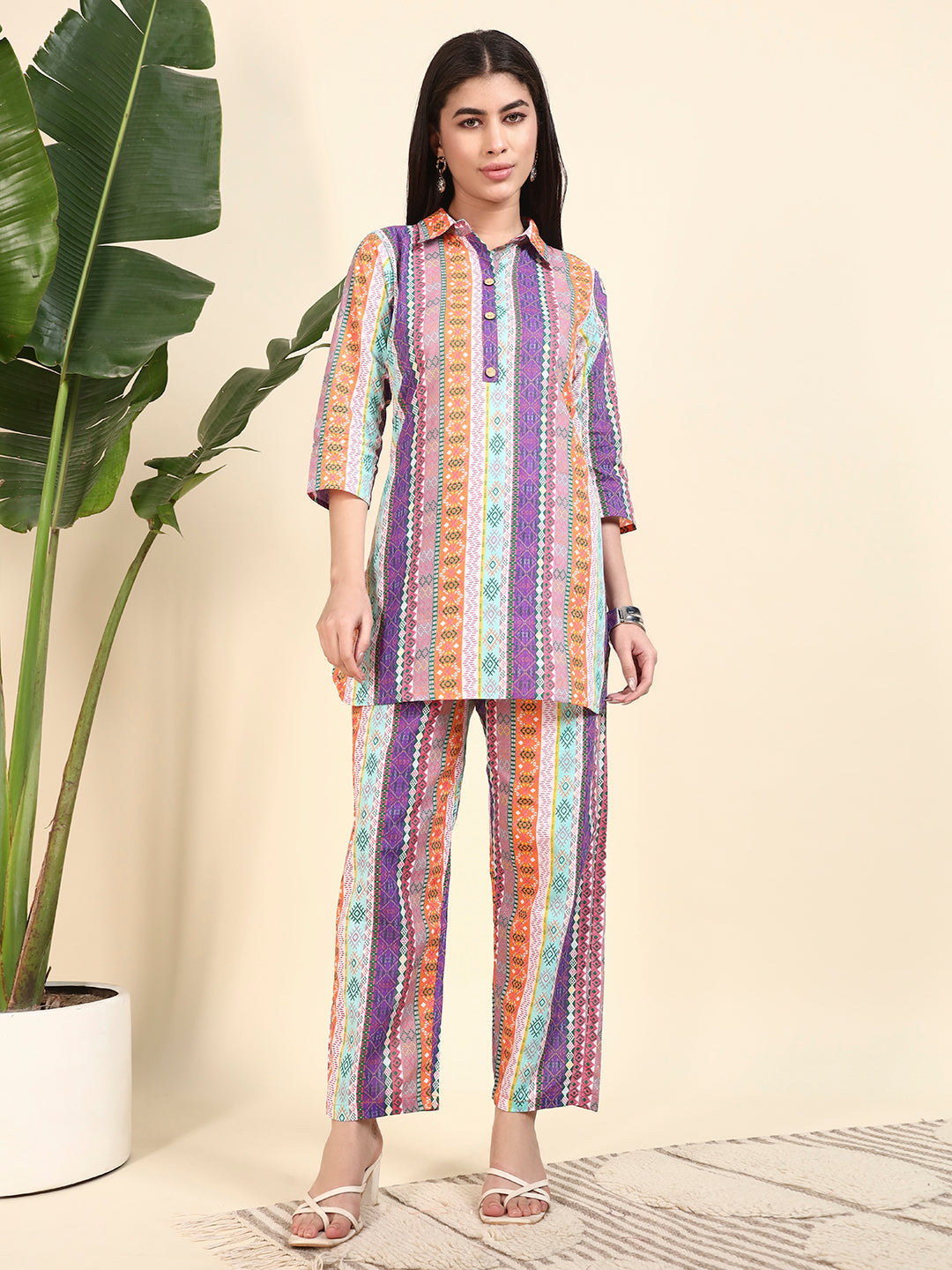 Multicolor Striped Printed Kurta & Pant Co-Ord Set for Women