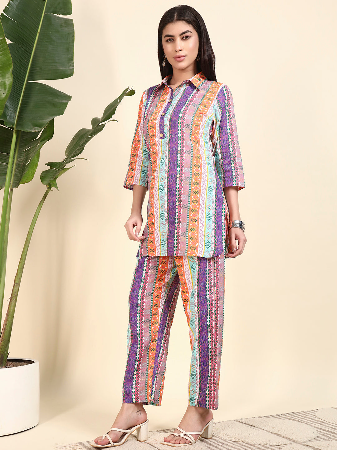 Multicolor Striped Printed Kurta & Pant Co-Ord Set for Women