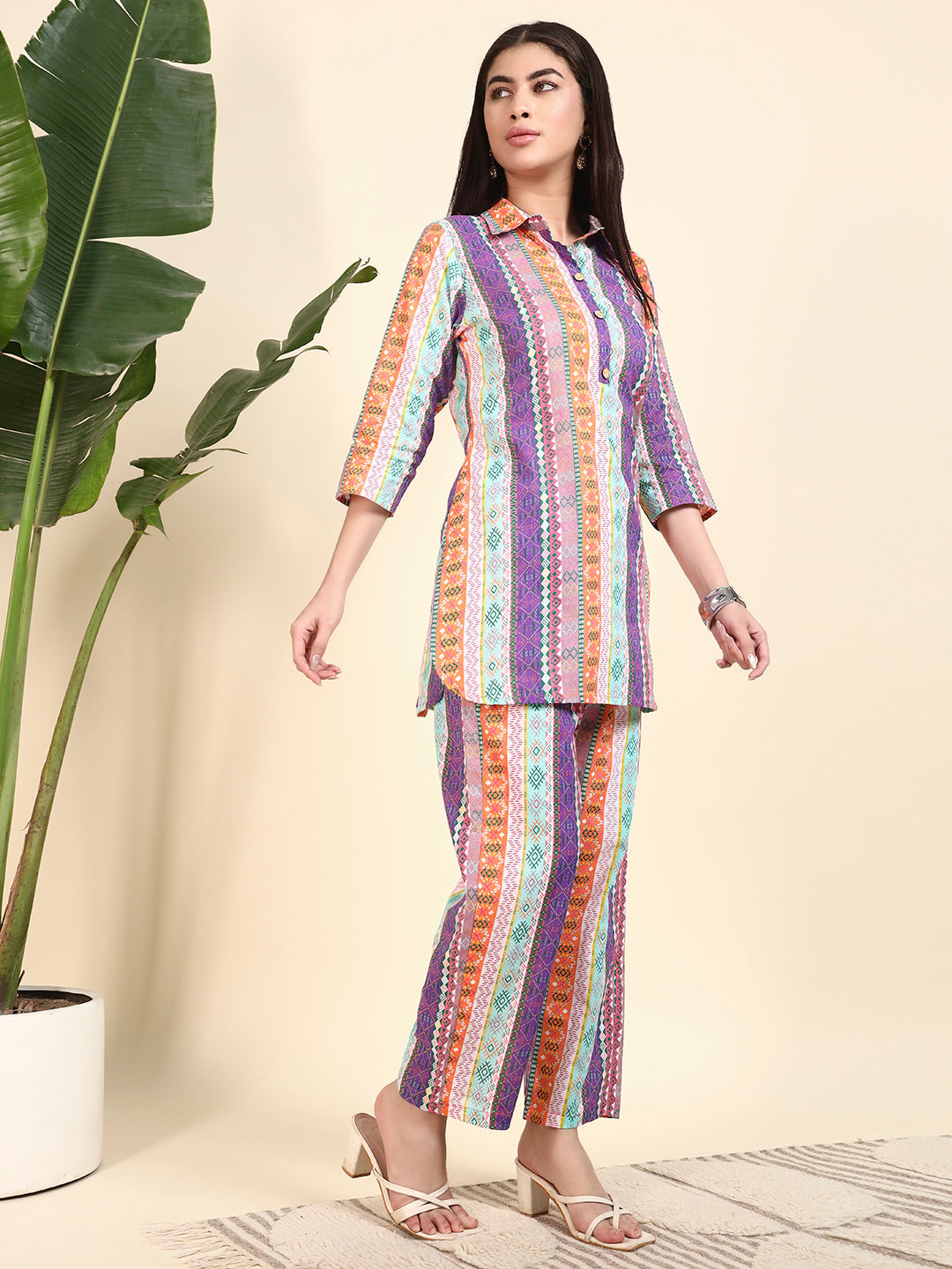Multicolor Striped Printed Kurta & Pant Co-Ord Set for Women