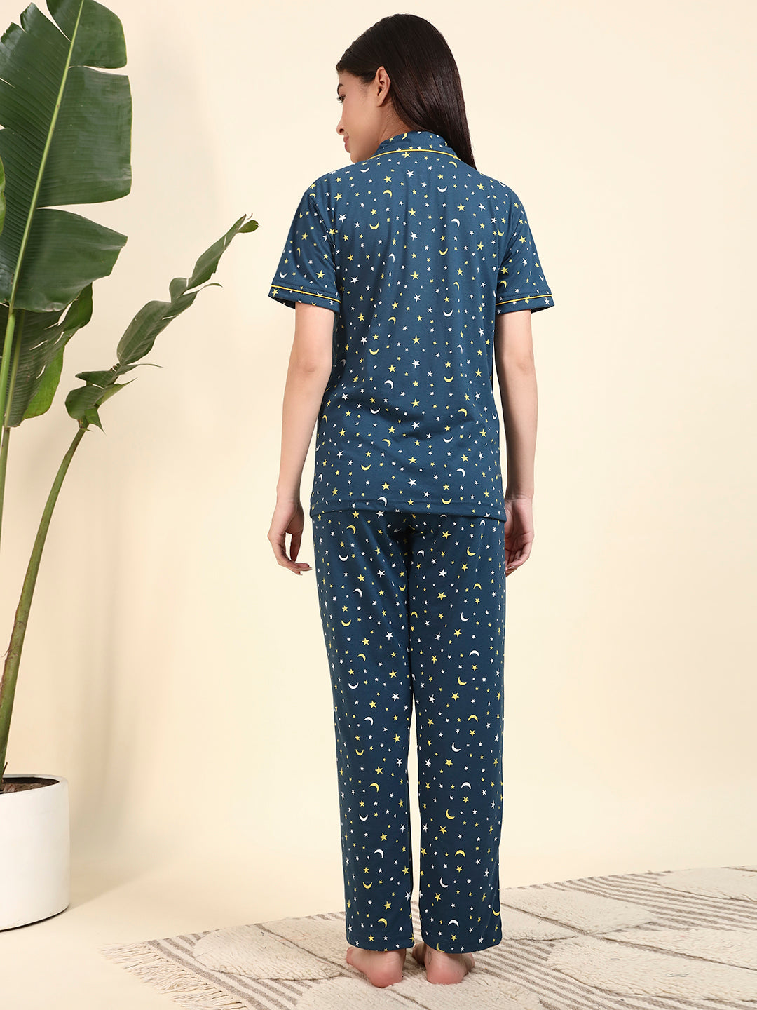 Printed Cotton Night Suit Set – Button-Down Top & Pajama Sleepwear for Women