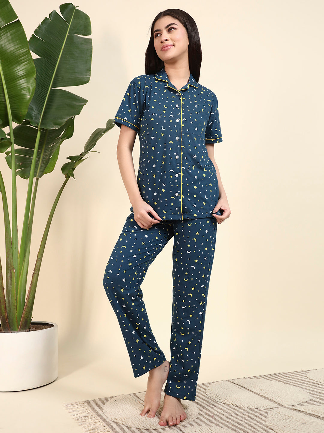 Printed Cotton Night Suit Set – Button-Down Top & Pajama Sleepwear for Women