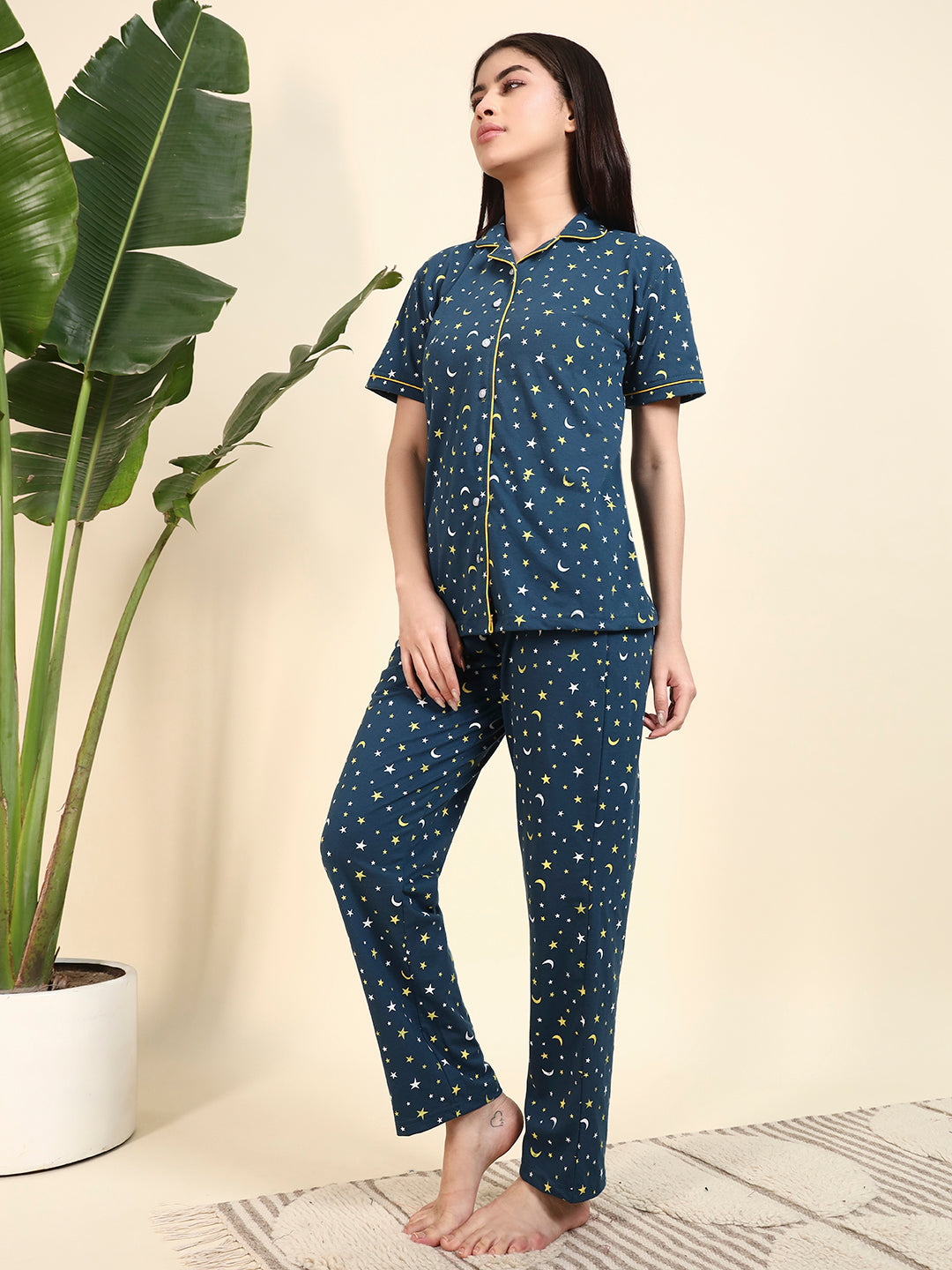 Printed Cotton Night Suit Set – Button-Down Top & Pajama Sleepwear for Women