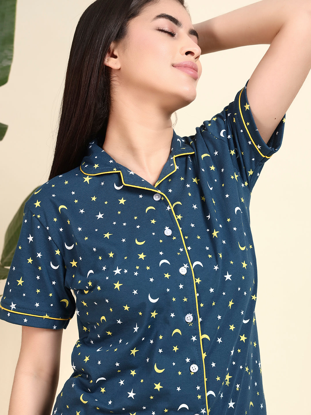 Printed Cotton Night Suit Set – Button-Down Top & Pajama Sleepwear for Women