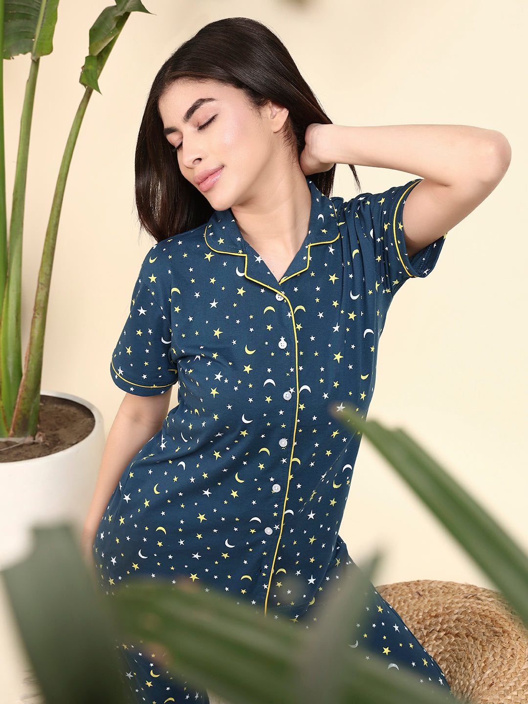 Printed Cotton Night Suit Set – Button-Down Top & Pajama Sleepwear for Women