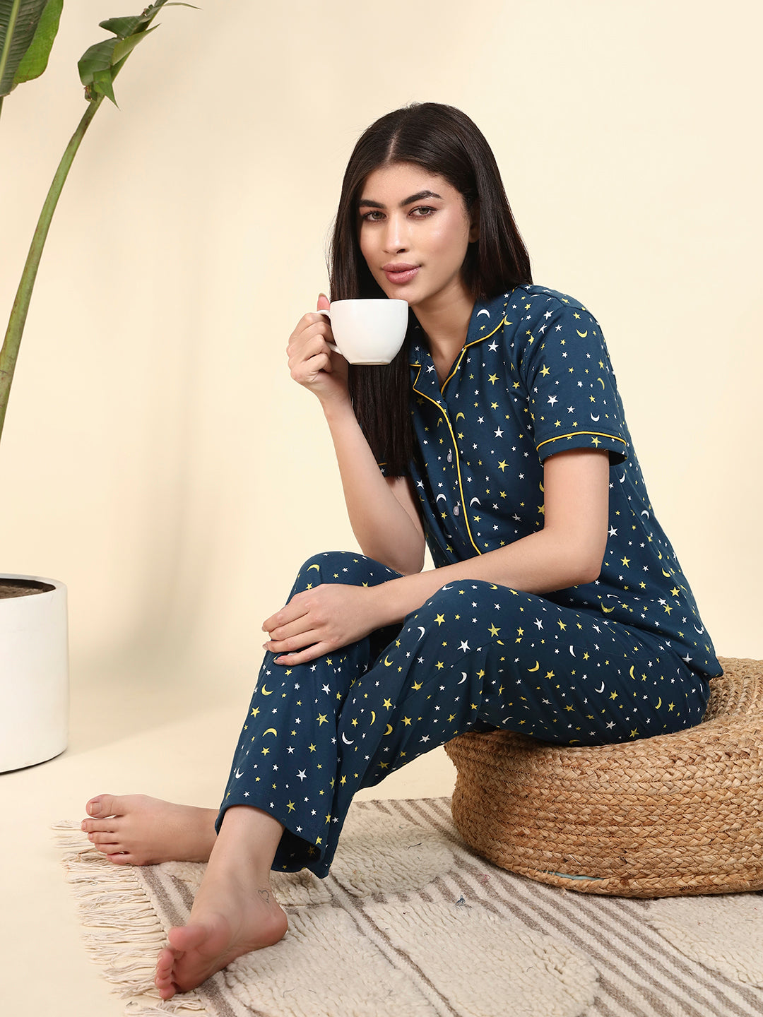 Printed Cotton Night Suit Set – Button-Down Top & Pajama Sleepwear for Women