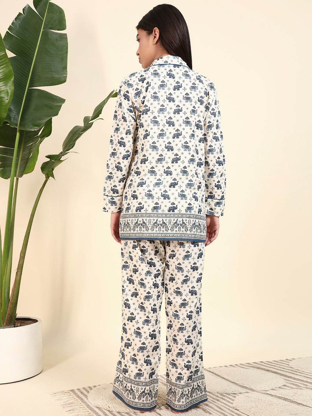🤍 Women Elephant Printed Cotton Night Suit Set – Cream & Blue Ethnic Sleepwear
