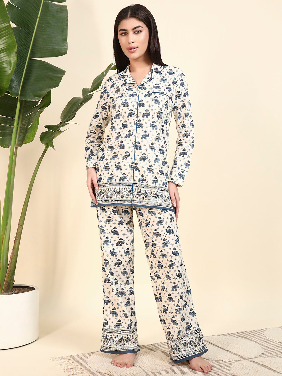 🤍 Women Elephant Printed Cotton Night Suit Set – Cream & Blue Ethnic Sleepwear