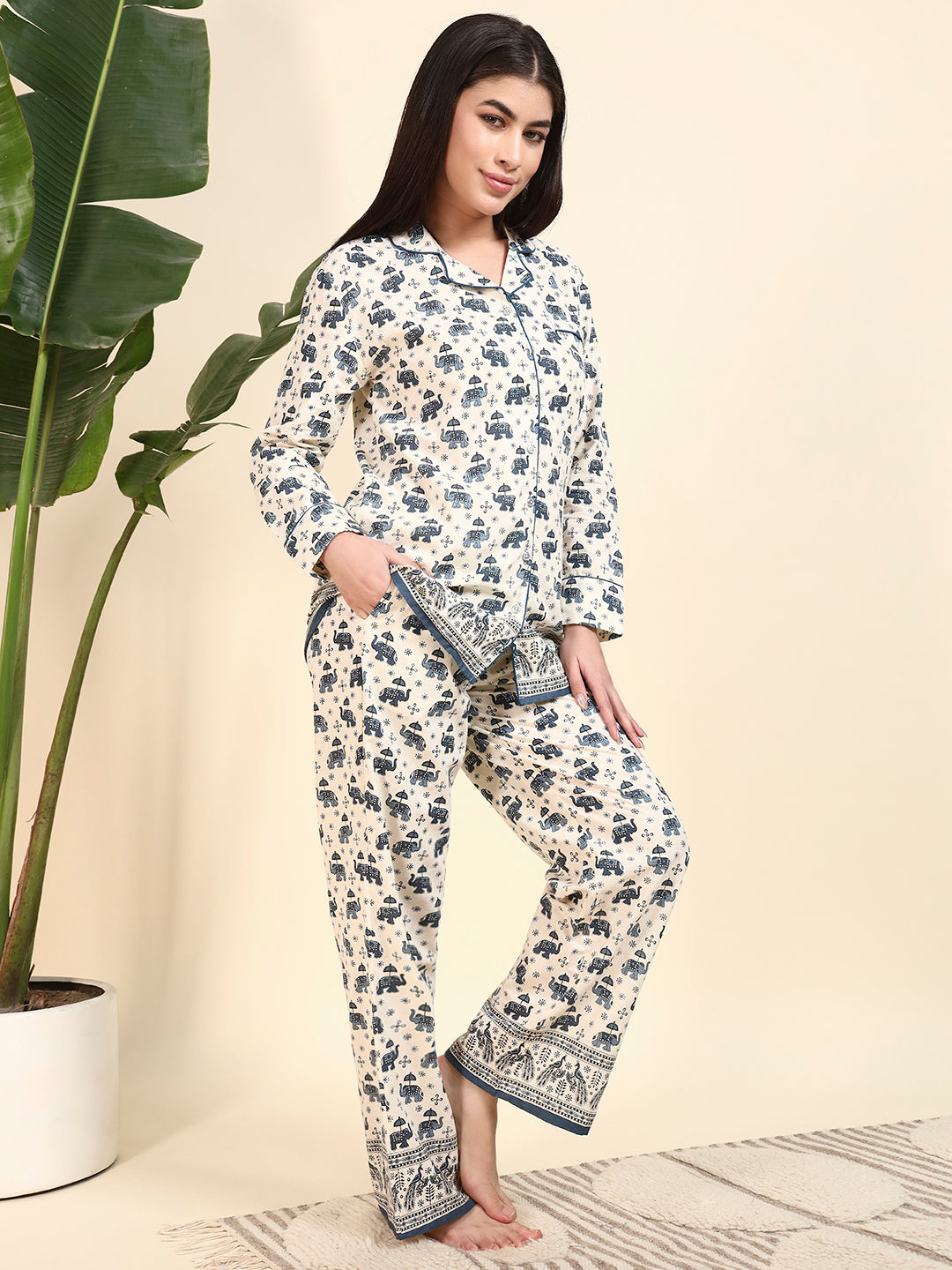 🤍 Women Elephant Printed Cotton Night Suit Set – Cream & Blue Ethnic Sleepwear