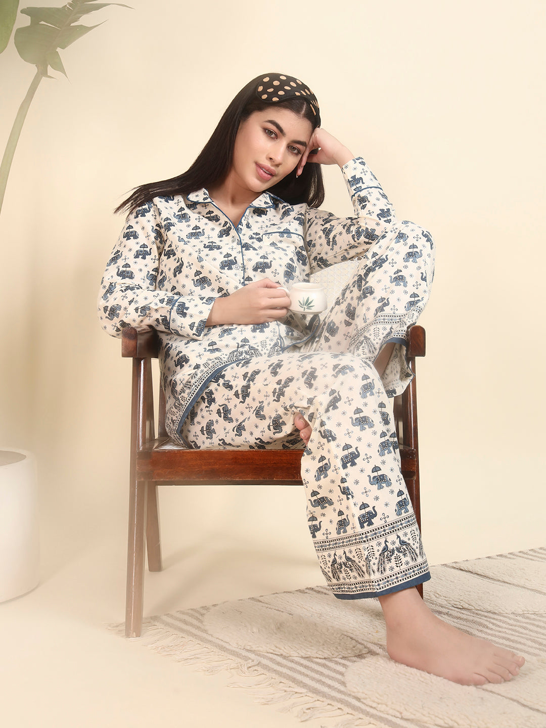 🤍 Women Elephant Printed Cotton Night Suit Set – Cream & Blue Ethnic Sleepwear