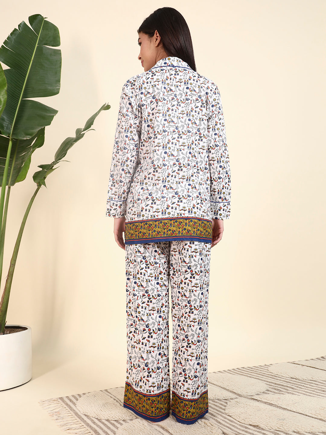 🤍 Women Printed Cotton Night Suit Set – White Ethnic Print Sleepwear