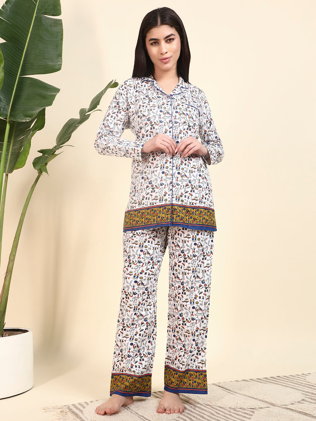 🤍 Women Printed Cotton Night Suit Set – White Ethnic Print Sleepwear