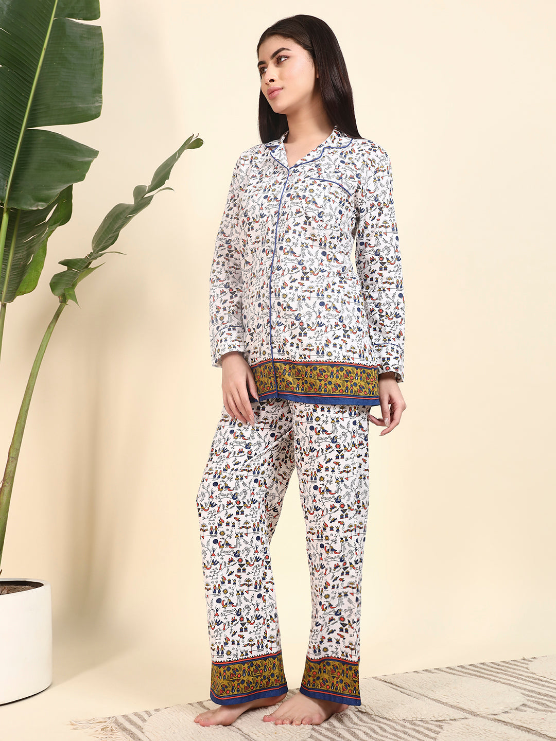 🤍 Women Printed Cotton Night Suit Set – White Ethnic Print Sleepwear