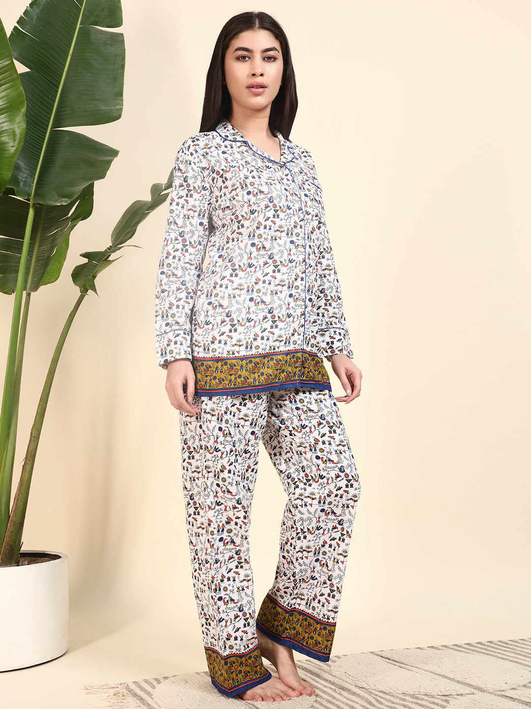 🤍 Women Printed Cotton Night Suit Set – White Ethnic Print Sleepwear
