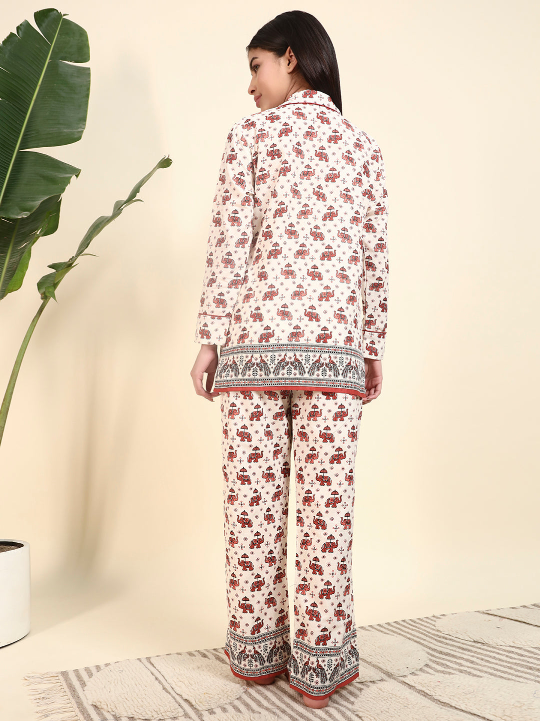 🤍 Women Elephant Printed Cotton Night Suit Set – White Ethnic Sleepwear
