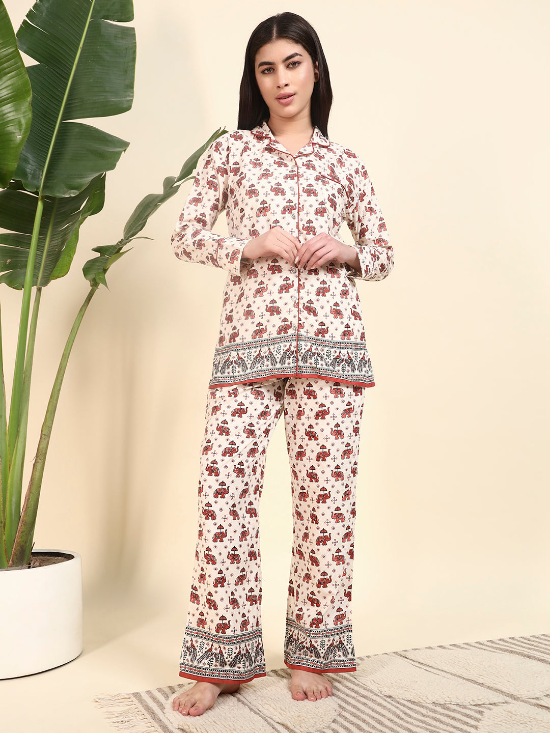 🤍 Women Elephant Printed Cotton Night Suit Set – White Ethnic Sleepwear